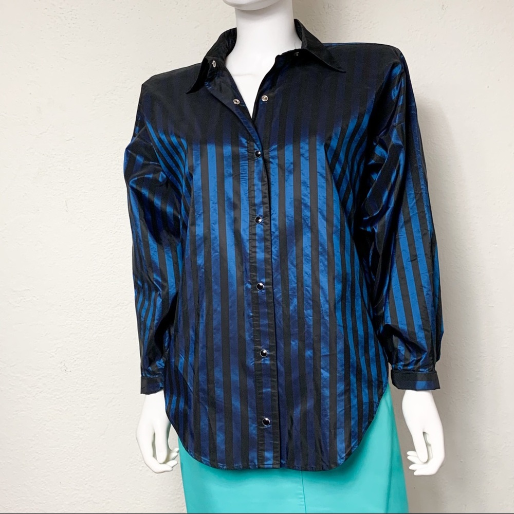 Norma Kamali Vintage 80s Striped Button Down Shirt Top Metallic - Picture 2 of 7